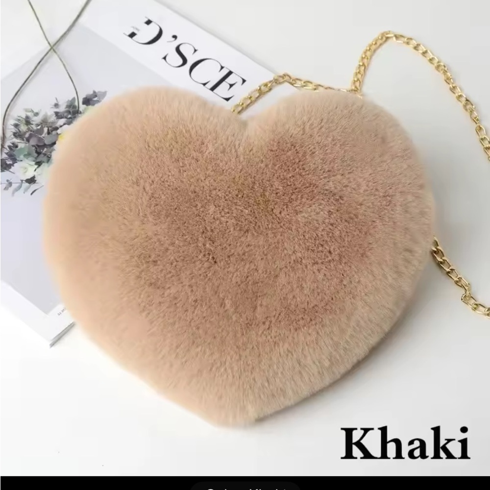 Khaki Heart-Shaped Faux Fur Bag